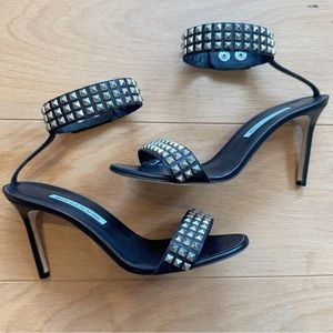 Manolo Blahnik black leather high heel sandals w/ silver studs and ankle strap